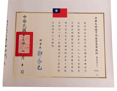 世界青年棒球錦標賽冠軍獲頒一等二級體協獎狀