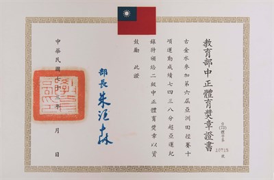 第六屆亞洲田徑賽十項運動，成績7438分，超越亞運紀錄，二級中正體育獎章