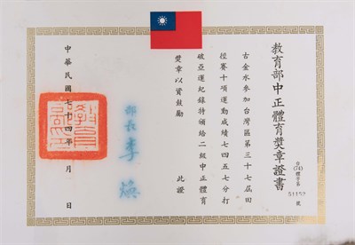 台灣區第37屆田徑賽十項運動，成績7457，超越亞運紀錄，二級中正體育獎章