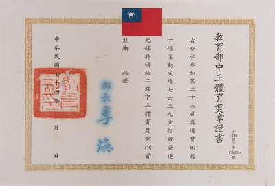 23屆奧運會田徑賽十項運動，成績7629分，打破亞運紀錄，二級中正體育獎章