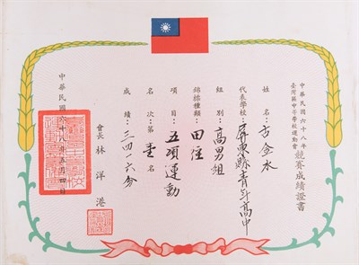 68年台灣區中等學校運動會，屏東縣青年高中高男組田徑，五項運動 3416分第一名