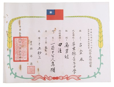 68年台灣區中等學校運動會，屏東縣青年高中高男組田徑110公尺高欄 15秒第一名